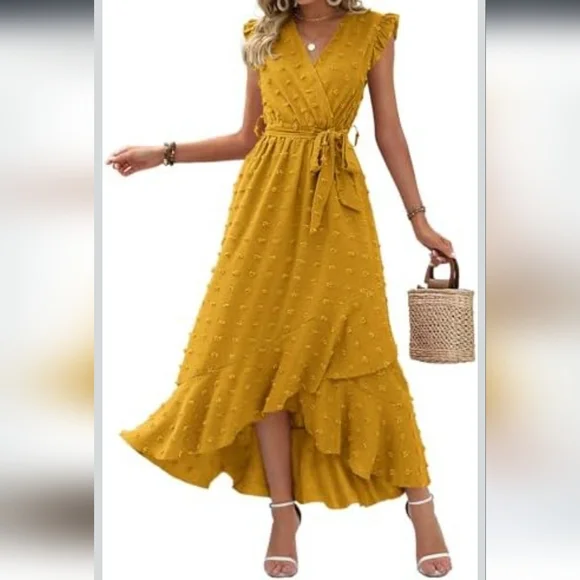 BTFBM Women's 2023 Summer Wrap V Neck Dress Ruffle Sleeve Swiss Dot Boho Sz M - Picture 2 of 16